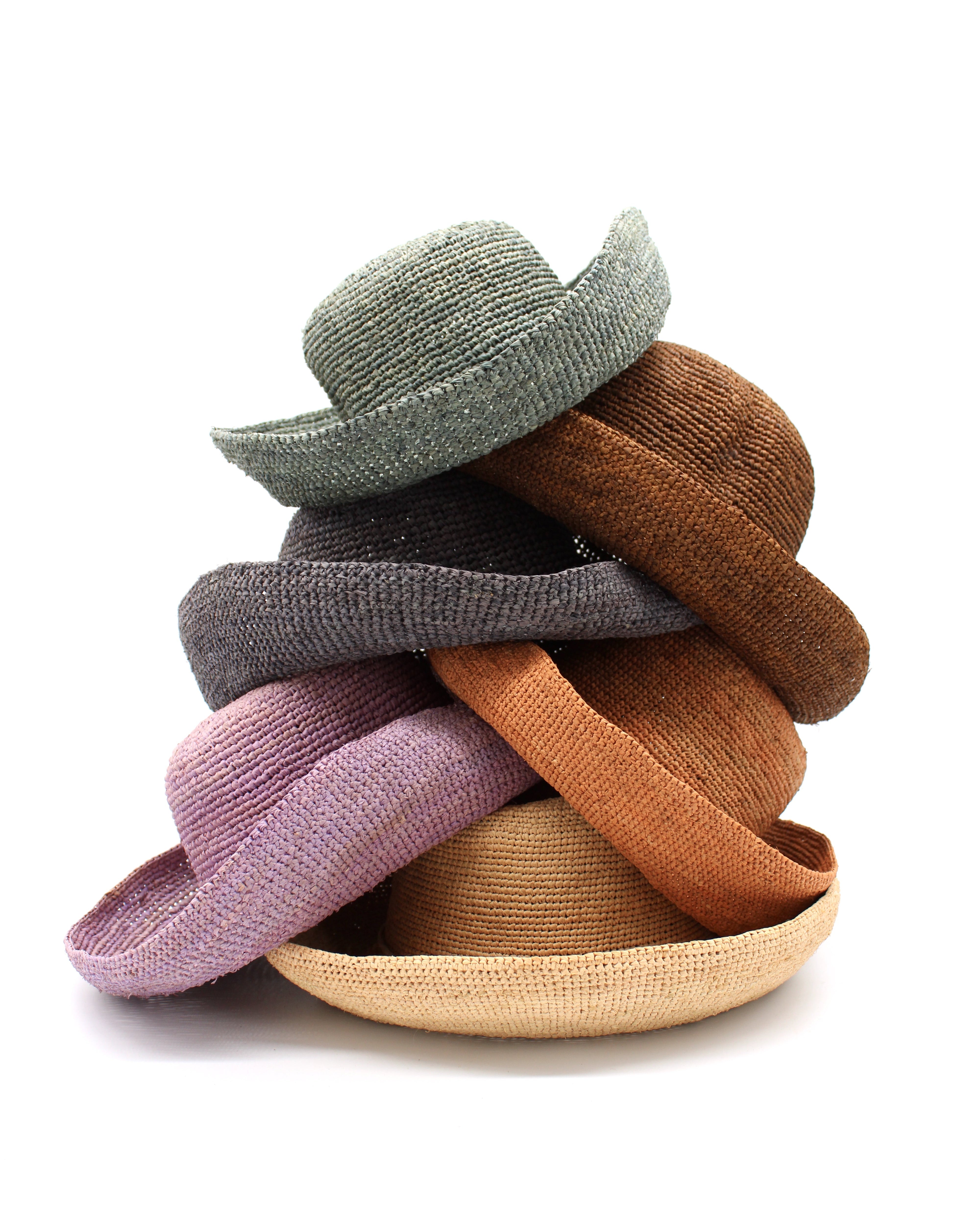 Multiple Color Options 3" Brim Leor Crochet Straw Sun Hats top to bottom Ocean Mist Green, Cinnamon/Tobacco/Brown, Grey, Blush Pink/Orange, Wisteria Purple, and Natural straw color handmade woven crochet natural raffia palm fiber sun hats - Shebobo