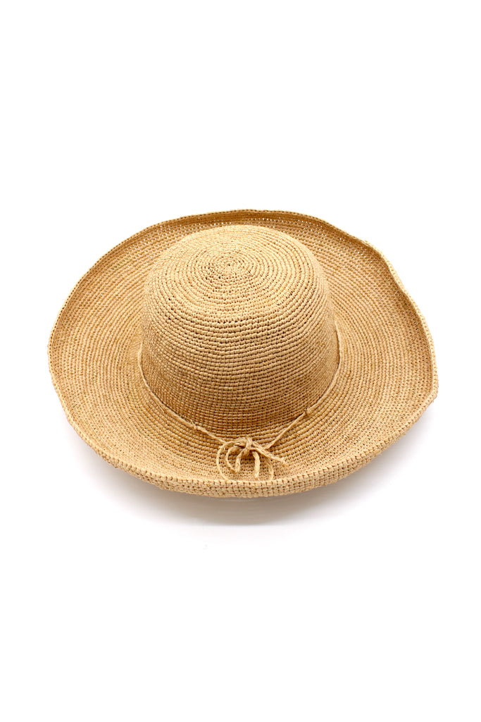 Leor Natural crochet straw hat handmade woven natural raffia palm fiber in a solid hue of natural straw color 3" brim packable straw hat with matching adjustable braided hat band - Shebobo