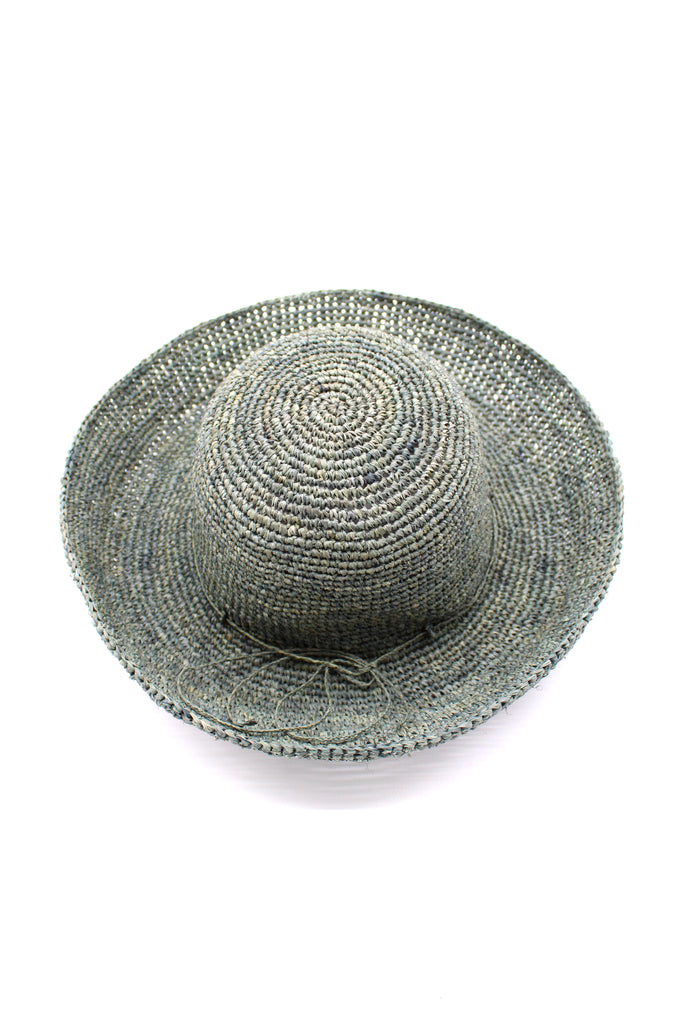 Leor Ocean Mist crochet straw hat handmade woven natural raffia palm fiber in a solid hue of ocean mist/sage/pale/grey green color 3" brim packable straw hat with matching adjustable braided hat band - Shebobo