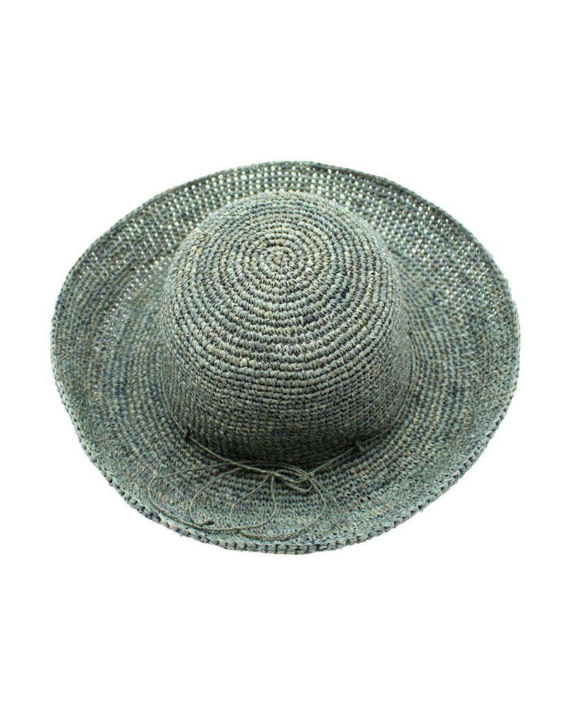 Leor Sea Sage crochet straw hat handmade woven natural raffia palm fiber in a solid hue of sea sage dark/grey/green color 3" brim packable straw hat with matching adjustable braided hat band - Shebobo