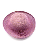 Leor Wisteria crochet straw hat handmade woven natural raffia palm fiber in a solid hue of wisteria/lilac/lavender/pale purple color raffia 3" brim packable straw hat with matching adjustable braided hat band - Shebobo