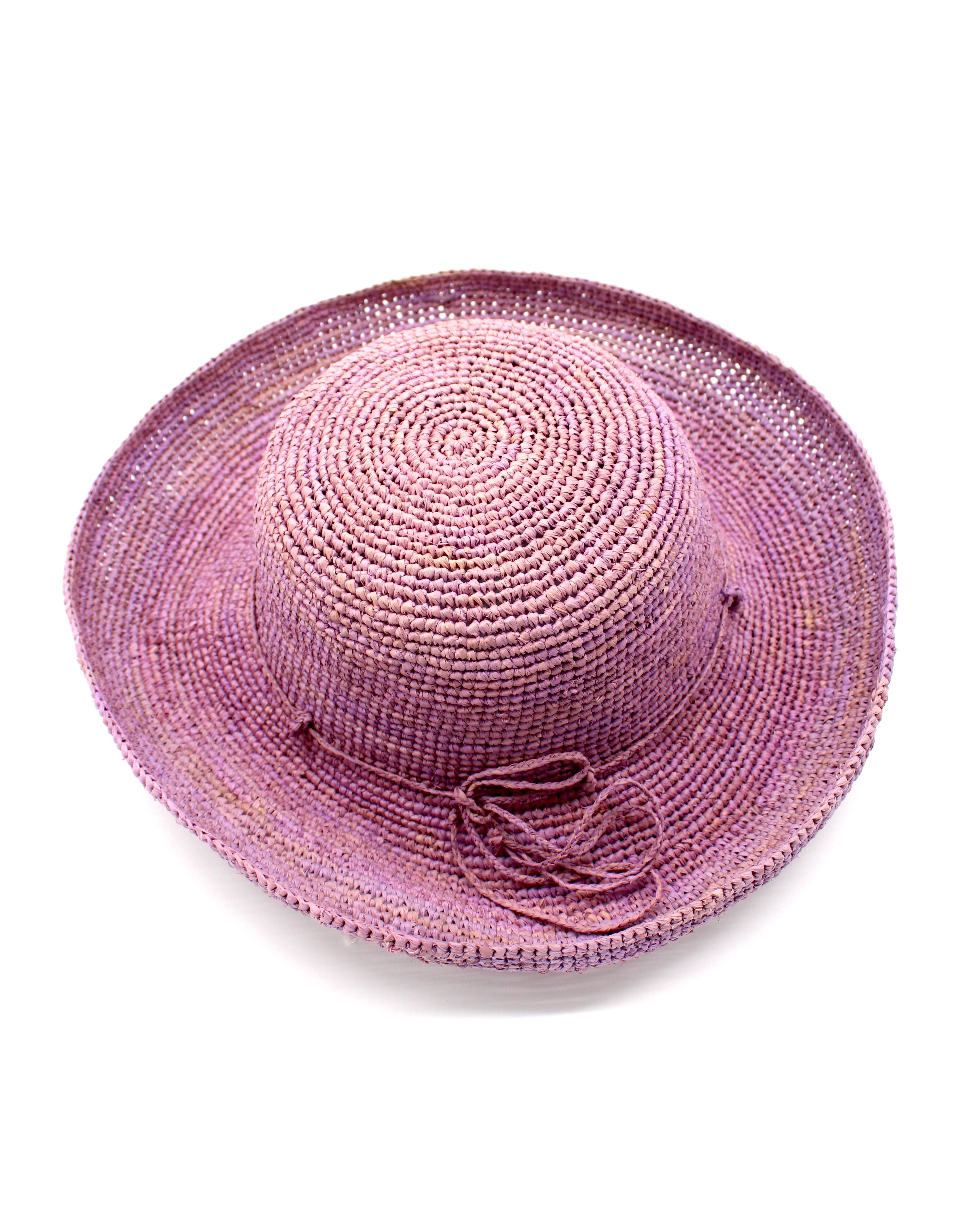 Leor Wisteria crochet straw hat handmade woven natural raffia palm fiber in a solid hue of wisteria/lilac/lavender/pale purple color raffia 3" brim packable straw hat with matching adjustable braided hat band - Shebobo