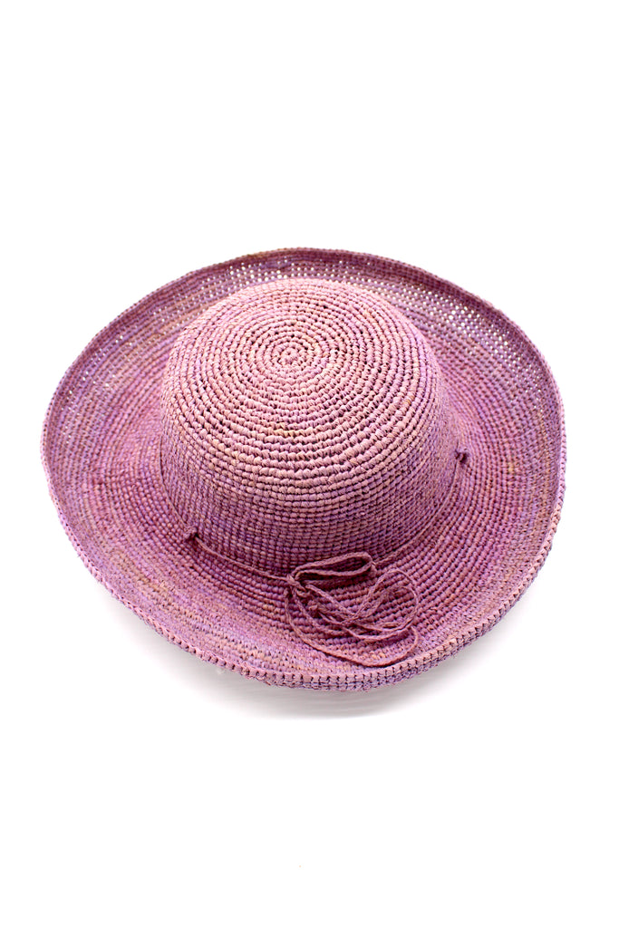 Leor Wisteria crochet straw hat handmade woven natural raffia palm fiber in a solid hue of wisteria/lilac/lavender/pale purple color raffia 3" brim packable straw hat with matching adjustable braided hat band - Shebobo