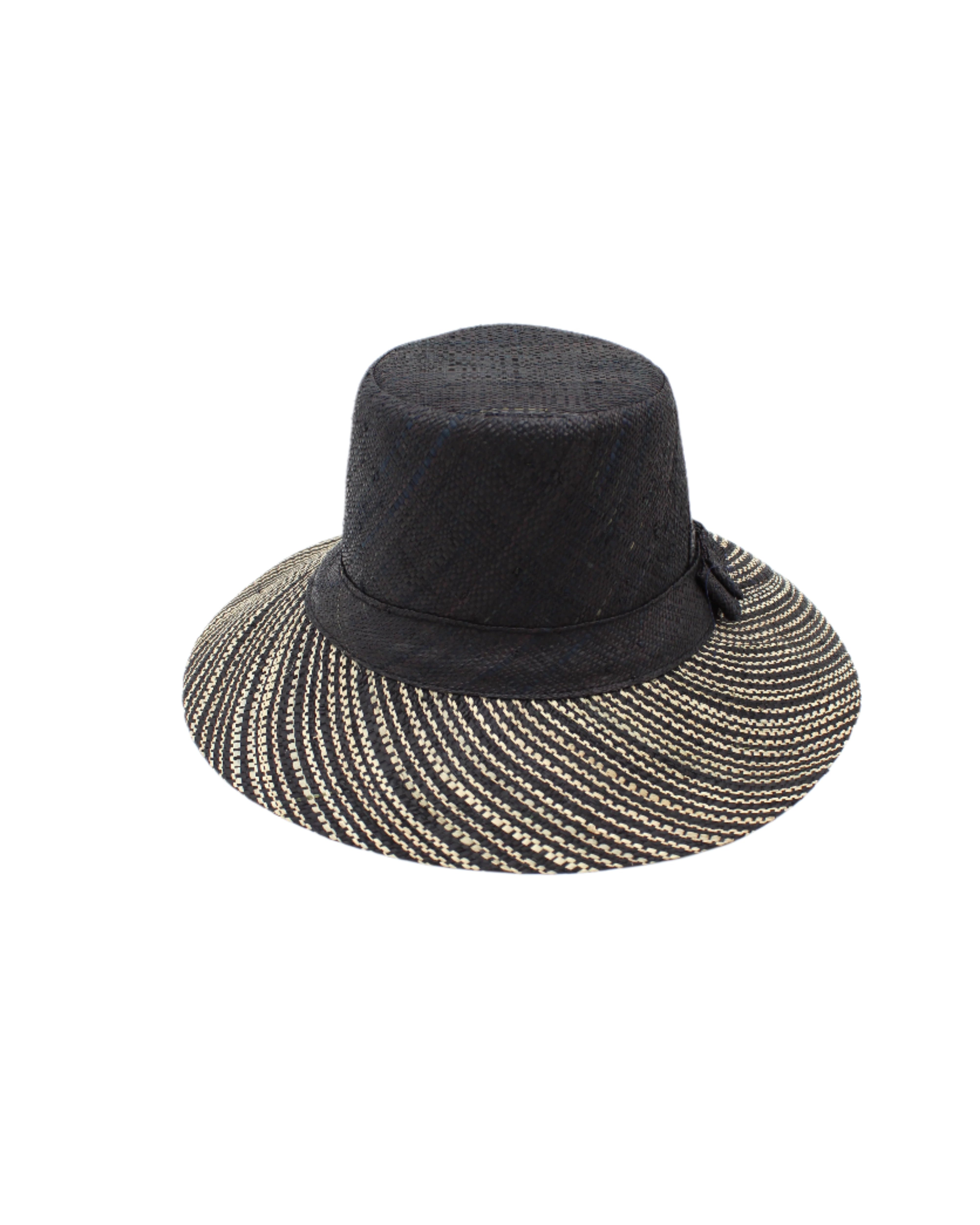 3" Brim Marsea Black Two Tone Melange Straw Sun Hats handmade loomed natural raffia palm fiber in a two tone color block aesthetic of solid black on the crown and hatband with multicolor melange heathered pattern swirl of black and natural straw color on the brim lightweight breathable packable hat - Shebobo