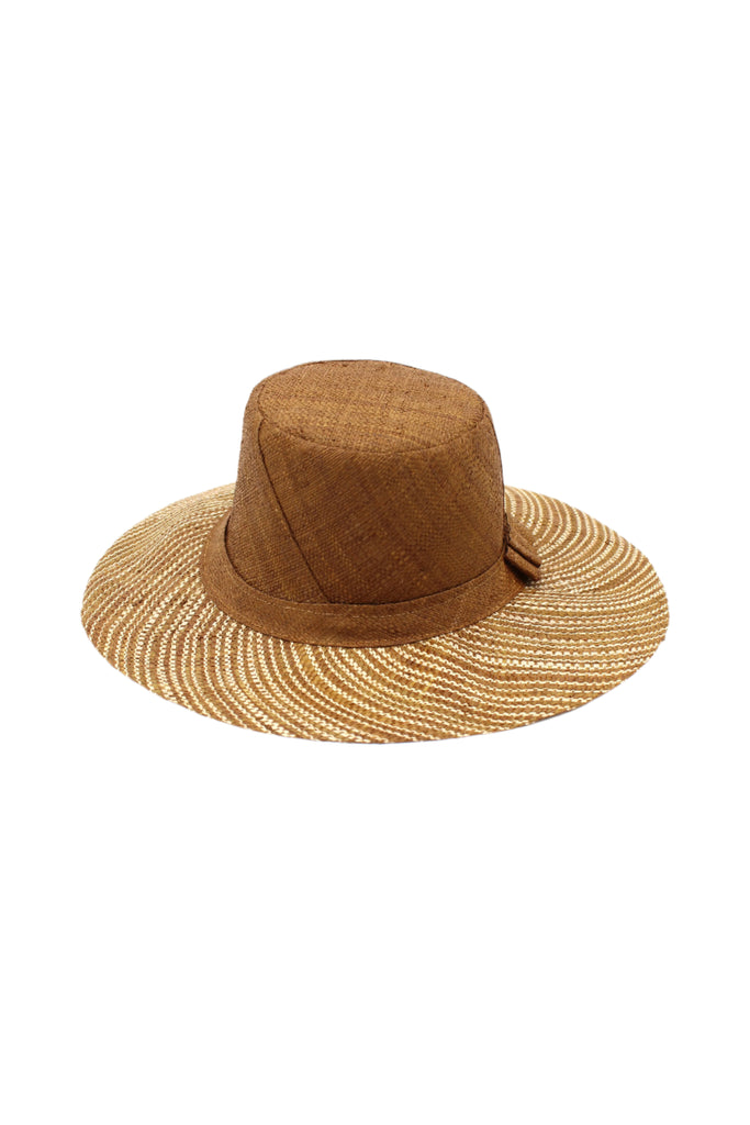 3" Brim Marsea Cinnamon Two Tone Melange Straw Sun Hats handmade loomed natural raffia palm fiber in a two tone color block aesthetic of solid cinnamon tobacco/dark/brown on the crown and hatband with multicolor melange heathered pattern swirl of cinnamon and natural straw color on the brim lightweight breathable packable hat - Shebobo
