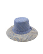 3" Brim Marsea Denim Two Tone Melange Straw Sun Hats handmade loomed natural raffia palm fiber in a two tone color block aesthetic of solid denim retro/light/ blue on the crown and hatband with multicolor melange heathered pattern swirl of denim and natural straw color on the brim lightweight breathable packable hat - Shebobo
