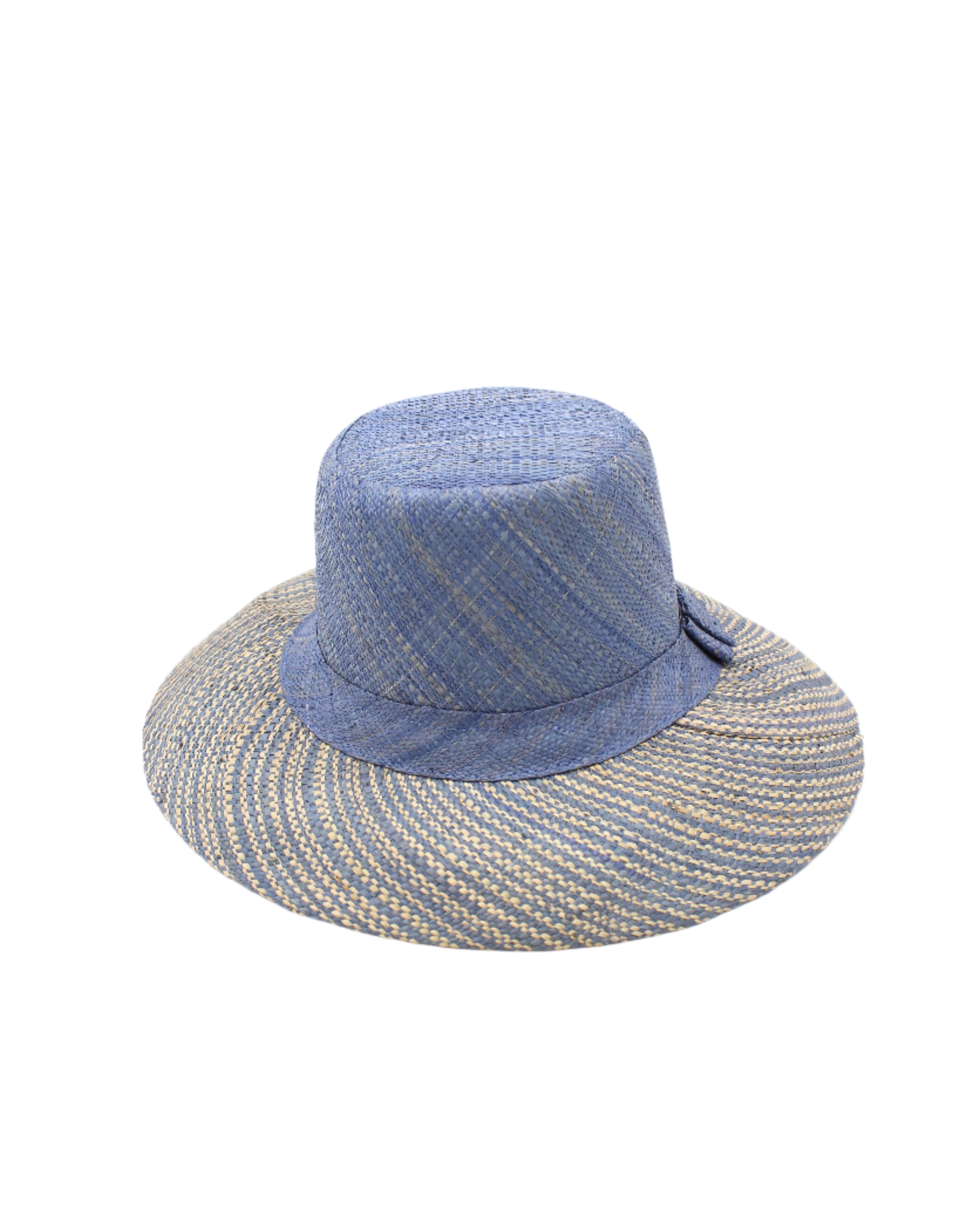 3" Brim Marsea Denim Two Tone Melange Straw Sun Hats handmade loomed natural raffia palm fiber in a two tone color block aesthetic of solid denim retro/light/ blue on the crown and hatband with multicolor melange heathered pattern swirl of denim and natural straw color on the brim lightweight breathable packable hat - Shebobo