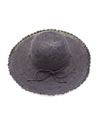 4" Brim Genevieve Black Crochet Straw Sun Hat with Lace Weave Edge handmade raffia palm fiber crochet solid hue black rounded crown with detailed lace weave edge and matching adjustable hat band - Shebobo