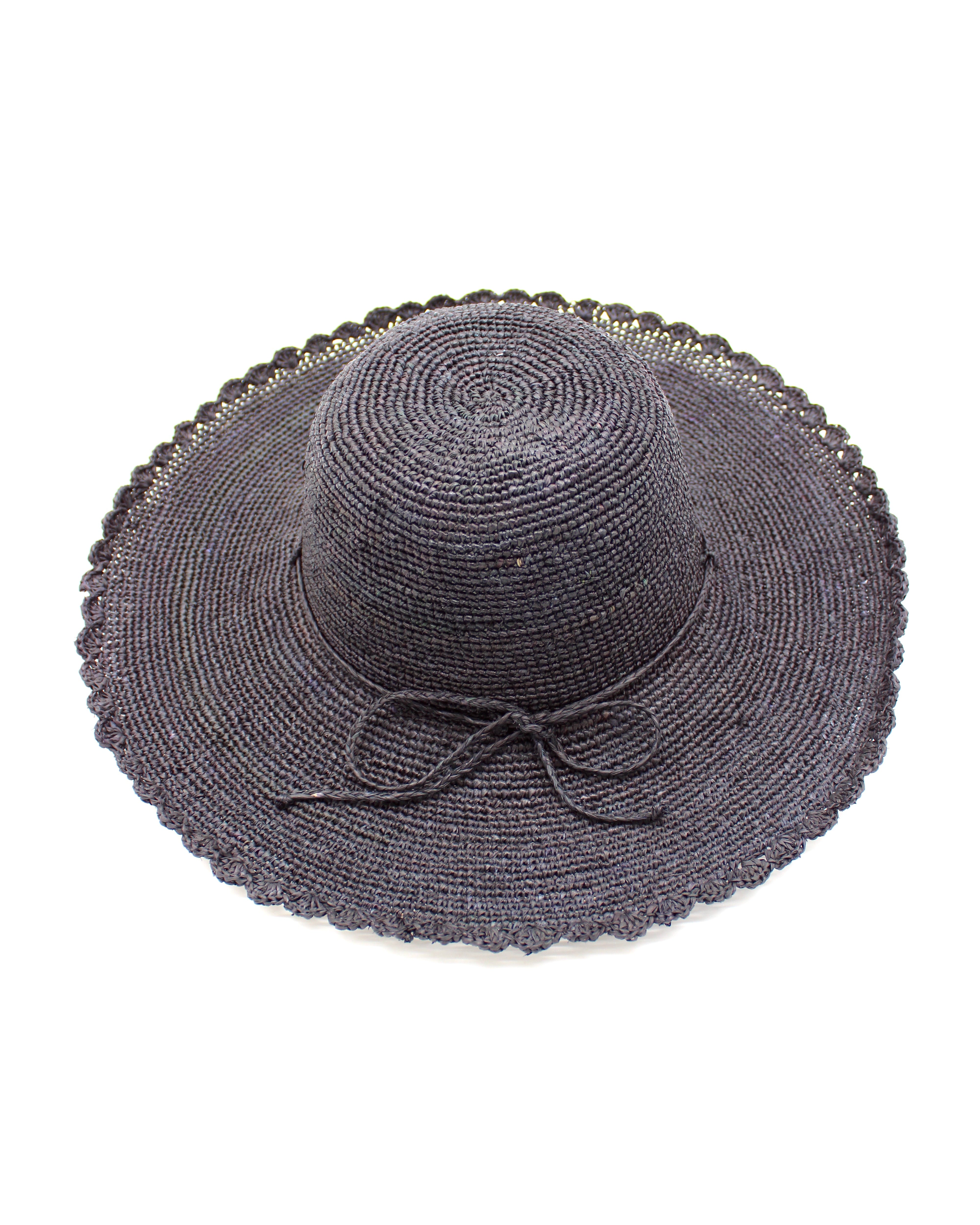 4" Brim Genevieve Black Crochet Straw Sun Hat with Lace Weave Edge handmade raffia palm fiber crochet solid hue black rounded crown with detailed lace weave edge and matching adjustable hat band - Shebobo