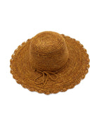 4" Brim Genevieve Cinnamon Crochet Straw Sun Hat with Lace Weave Edge handmade raffia palm fiber crochet solid hue cinammon/tobacco/brown rounded crown with detailed lace weave edge and matching adjustable hat band - Shebobo