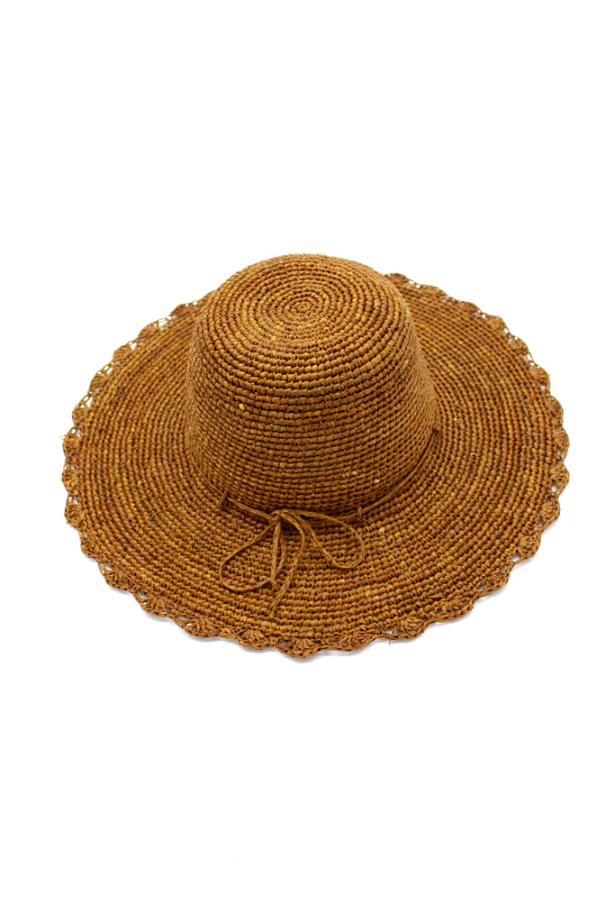 4" Brim Genevieve Cinnamon Crochet Straw Sun Hat with Lace Weave Edge handmade raffia palm fiber crochet solid hue cinammon/tobacco/brown rounded crown with detailed lace weave edge and matching adjustable hat band - Shebobo