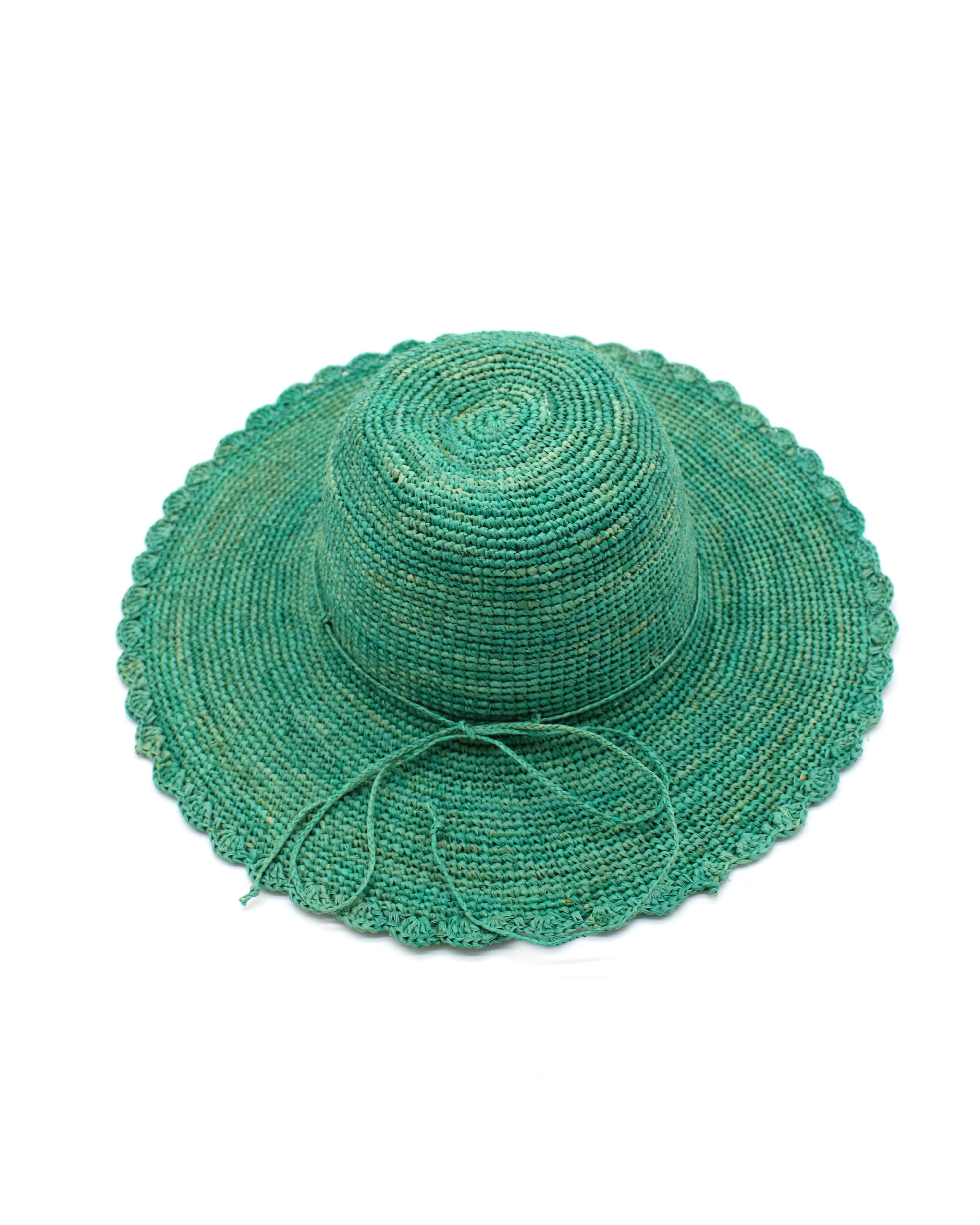 4" Brim Genevieve Seafoam Crochet Straw Sun Hat with Lace Weave Edge handmade raffia palm fiber crochet solid hue seafoam blue/green rounded crown with detailed lace weave edge and matching adjustable hat band - Shebobo