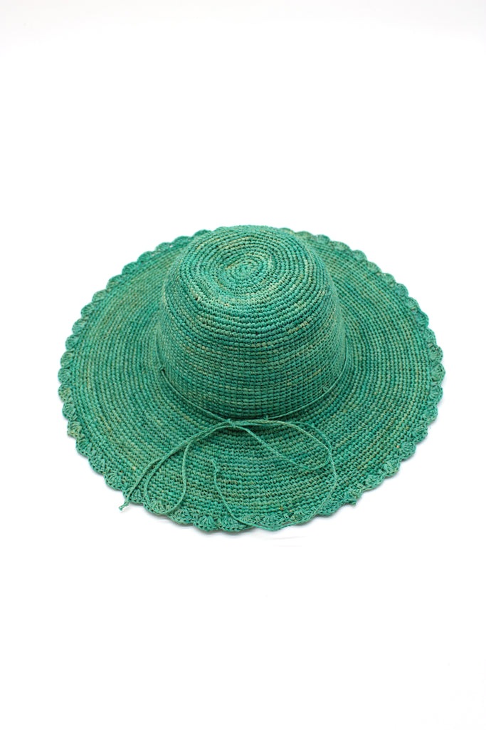 4" Brim Genevieve Seafoam Crochet Straw Sun Hat with Lace Weave Edge handmade raffia palm fiber crochet solid hue seafoam blue/green rounded crown with detailed lace weave edge and matching adjustable hat band - Shebobo