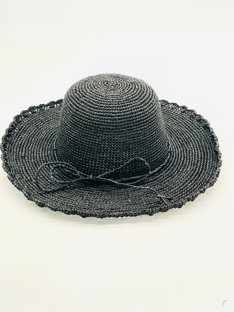 4" Brim Genevieve Black Crochet Straw Sun Hat with Lace Weave Edge handmade raffia palm fiber crochet solid hue black rounded crown with detailed lace weave edge and matching adjustable hat band - Shebobo