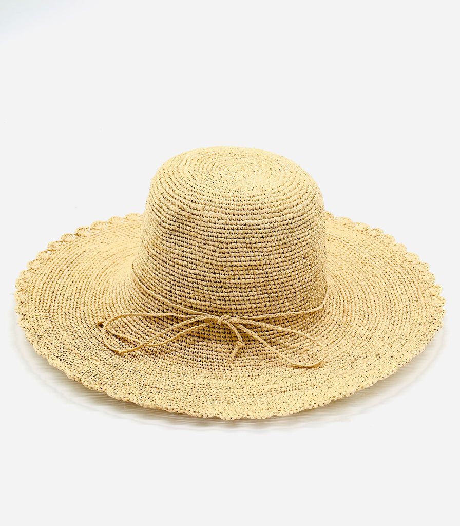 4" Brim Genevieve Natural Crochet Straw Sun Hat with Lace Weave Edge handmade raffia palm fiber crochet solid hue natural straw color rounded crown with detailed lace weave edge and matching adjustable hat band - Shebobo