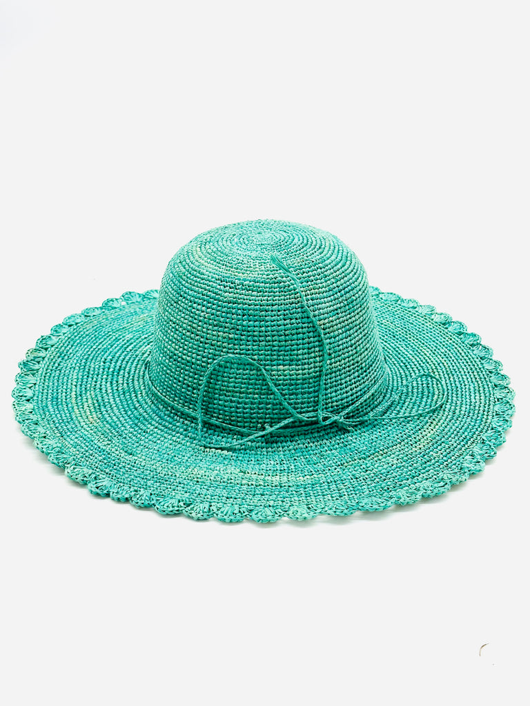 4" Brim Genevieve Seafoam Crochet Straw Sun Hat with Lace Weave Edge handmade raffia palm fiber crochet solid hue seafoam blue/green rounded crown with detailed lace weave edge and matching adjustable hat band - Shebobo