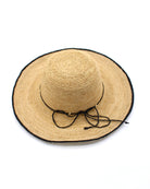 Rachel Crochet black handmade straw sun hat black trim woven edge and matching adjustable hat band on natural straw colored raffia hat - Shebobo