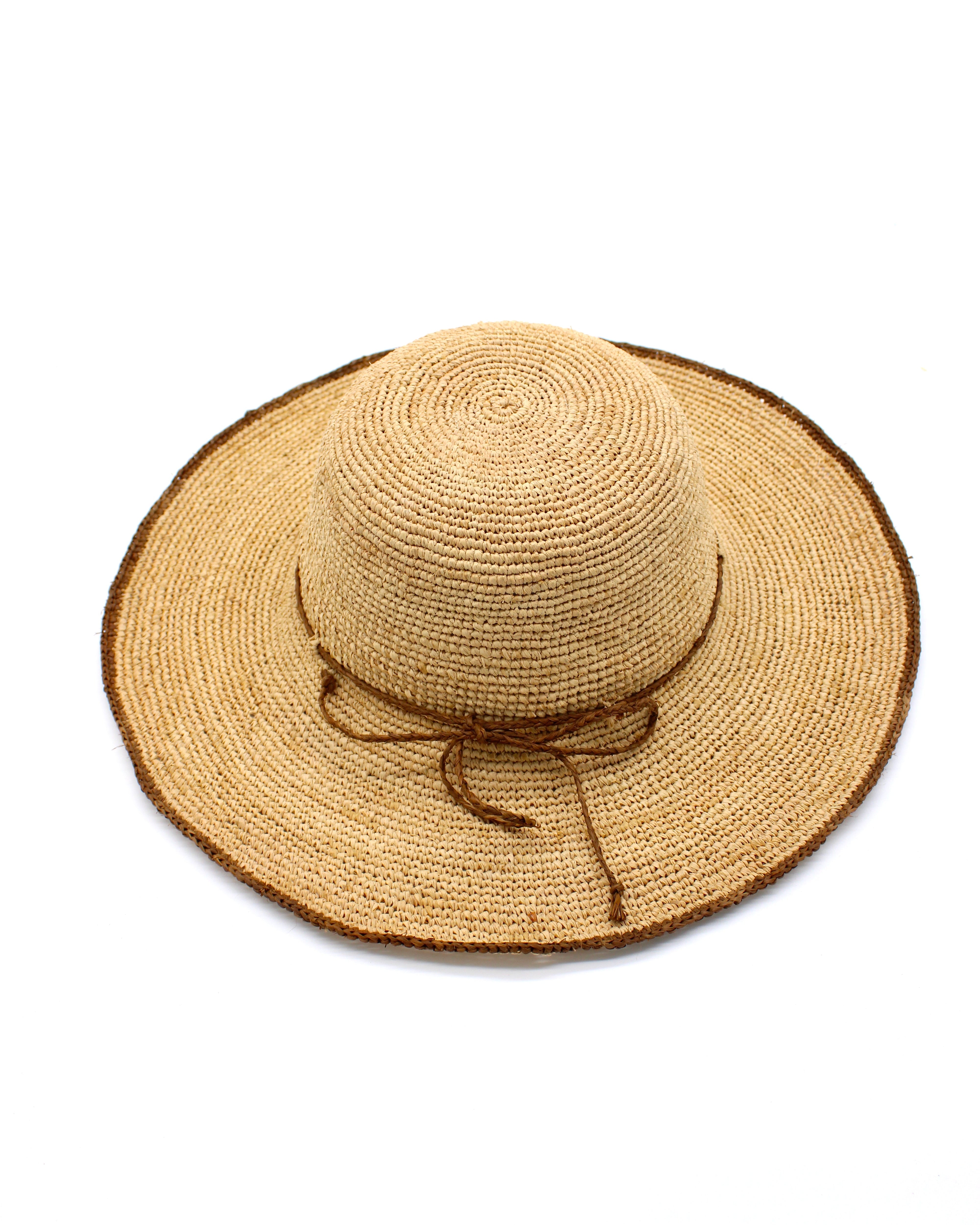 4" Brim Rachel Cinnamon Crochet Straw Sun Hat handmade crochet natural raffia palm fiber hat with dark brown/cinnamon/tobacco edge and matching corded hat band - Shebobo