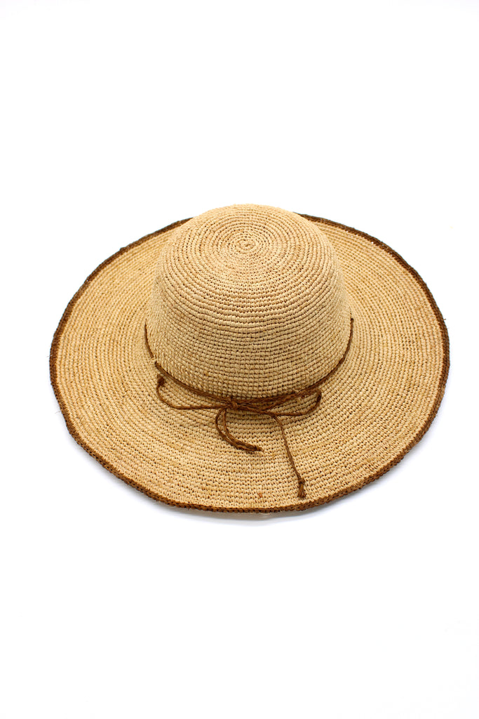 4" Brim Rachel Cinnamon Crochet Straw Sun Hat handmade crochet natural raffia palm fiber hat with dark brown/cinnamon/tobacco edge and matching corded hat band - Shebobo