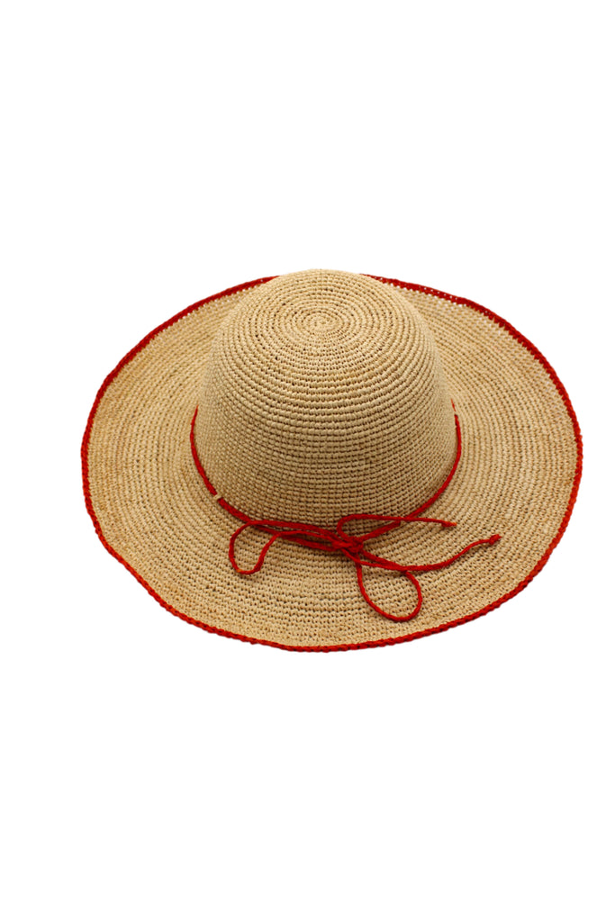 4" Brim Rachel Coral Crochet Straw Sun Hat handmade crochet raffia natural color wide brim hat with coral red/orange edge and matching corded hat band - Shebobo