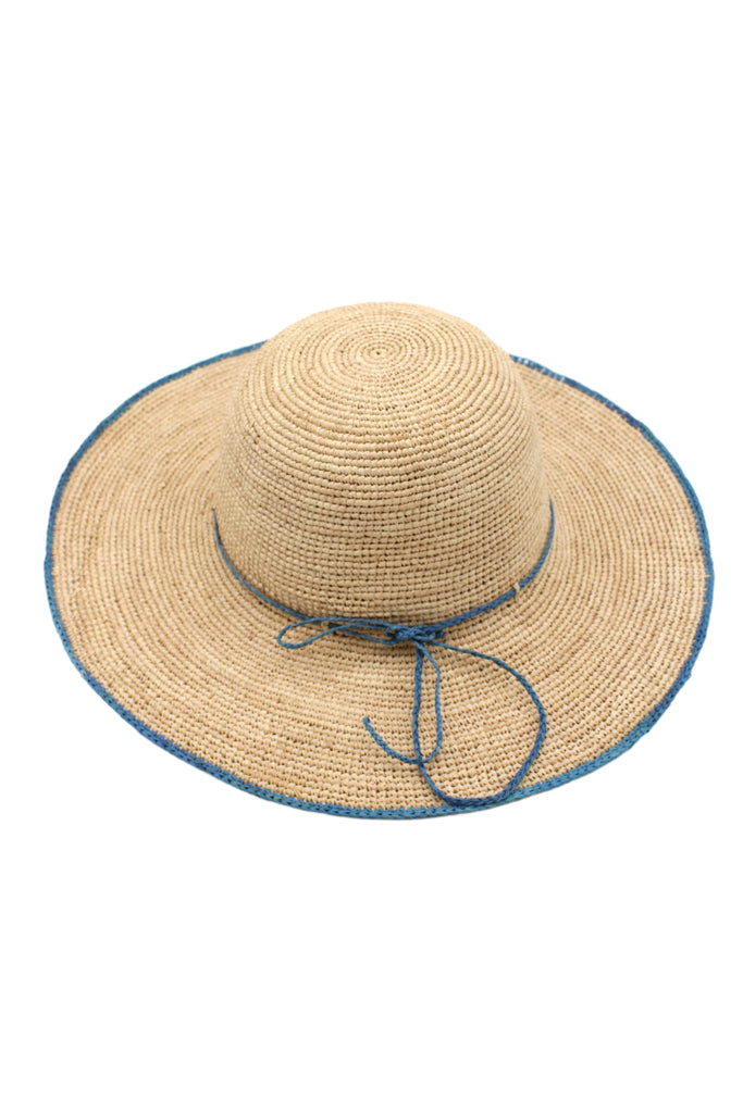 4" Brim Rachel Denim Crochet Straw Sun Hat handmade crochet natural raffia hat with denim/retro/light/blue edge and matching corded hat band - Shebobo