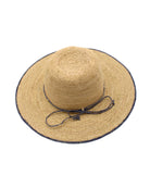 4 inch brim Rachel Crochet grey handmade straw sun hat grey trim woven edge and matching adjustable hat band on natural straw colored raffia hat - Shebobo