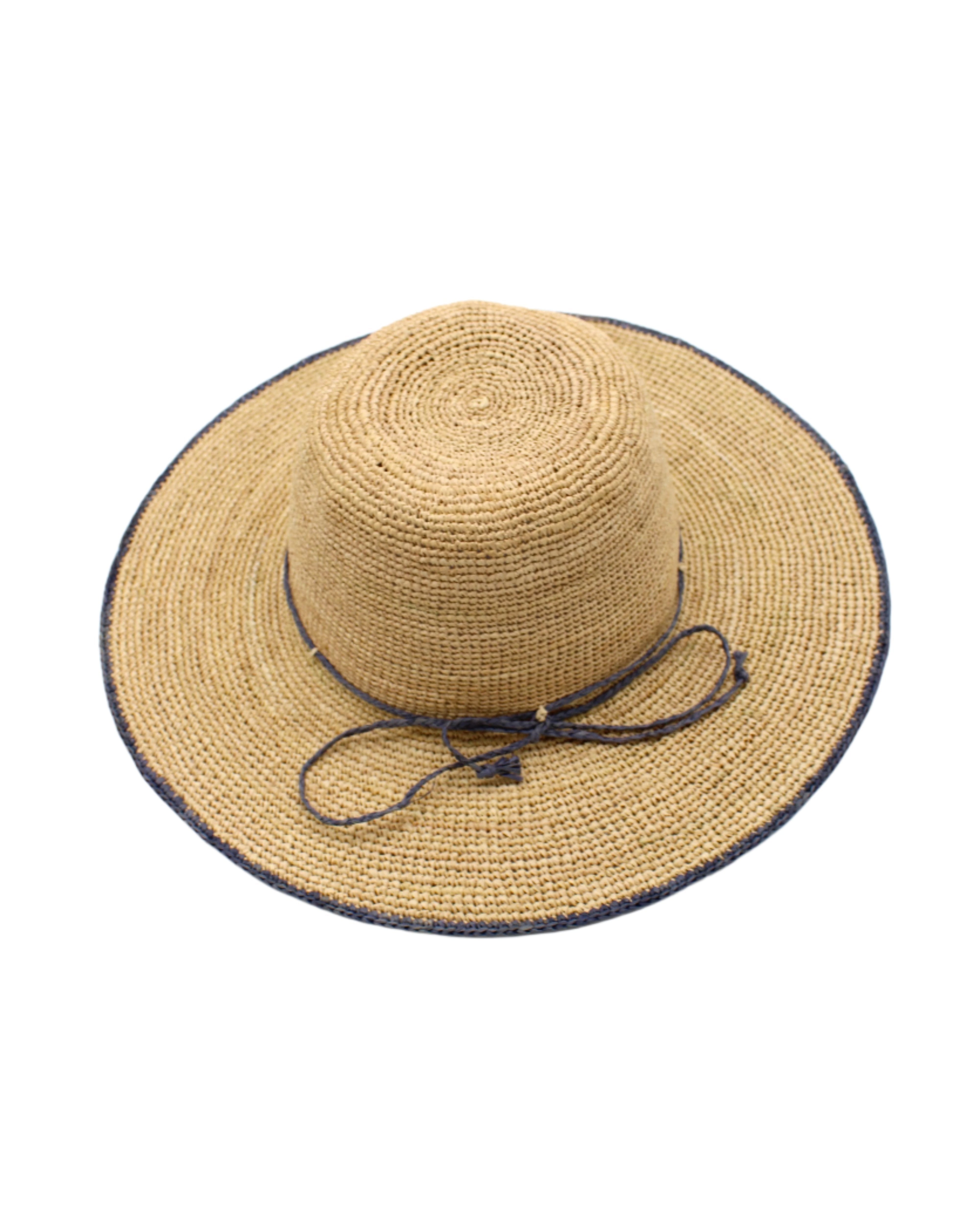 4 inch brim Rachel Crochet grey handmade straw sun hat grey trim woven edge and matching adjustable hat band on natural straw colored raffia hat - Shebobo