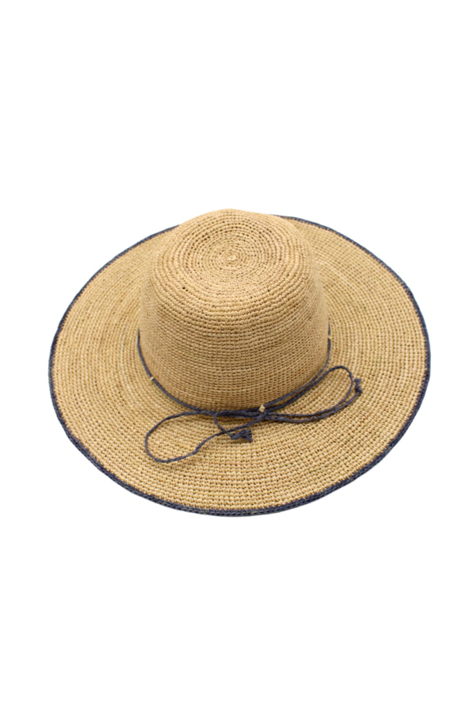 4 inch brim Rachel Crochet grey handmade straw sun hat grey trim woven edge and matching adjustable hat band on natural straw colored raffia hat - Shebobo