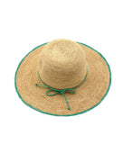 4" Brim Rachel Seafoam Crochet Straw Sun Hat handmade crochet natural raffia hat with seafoam blue/green edge and matching corded hat band - Shebobo