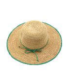 4" Brim Rachel Seafoam Crochet Straw Sun Hat handmade crochet natural raffia hat with seafoam blue/green edge and matching corded hat band - Shebobo