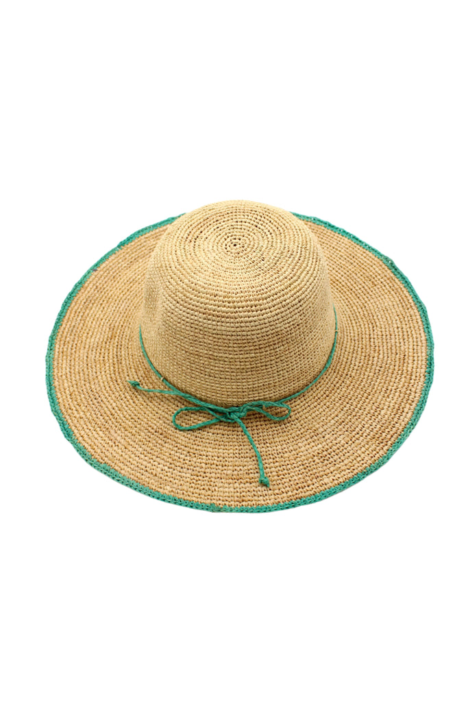 4" Brim Rachel Seafoam Crochet Straw Sun Hat handmade crochet natural raffia hat with seafoam blue/green edge and matching corded hat band - Shebobo