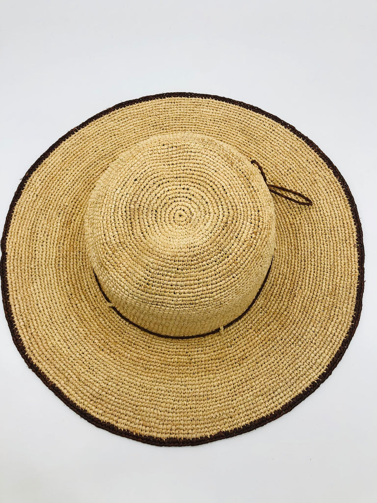 Rachel Crochet black handmade straw sun hat black trim woven edge and matching adjustable hat band on natural straw colored raffia hat - Shebobo