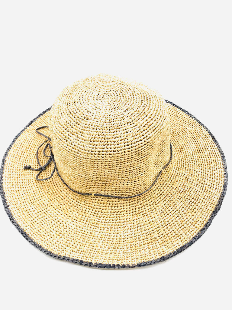 4 inch brim Rachel Crochet grey handmade straw sun hat grey trim woven edge and matching adjustable hat band on natural straw colored raffia hat - Shebobo