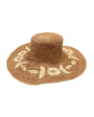 5.5" Brim Gigi Cinnamon and Natural Floral Embroidered Crochet Straw Sun Hats handmade crochet natural raffia palm fiber in a solid hue of cinnamon dark brown making a concentric pattern from the center top of the flattened crown spiraling out to the edge of the brim with matching adjustable raffia braid hat band and natural straw color floral pattern with leaves embroidered on the brim - Shebobo