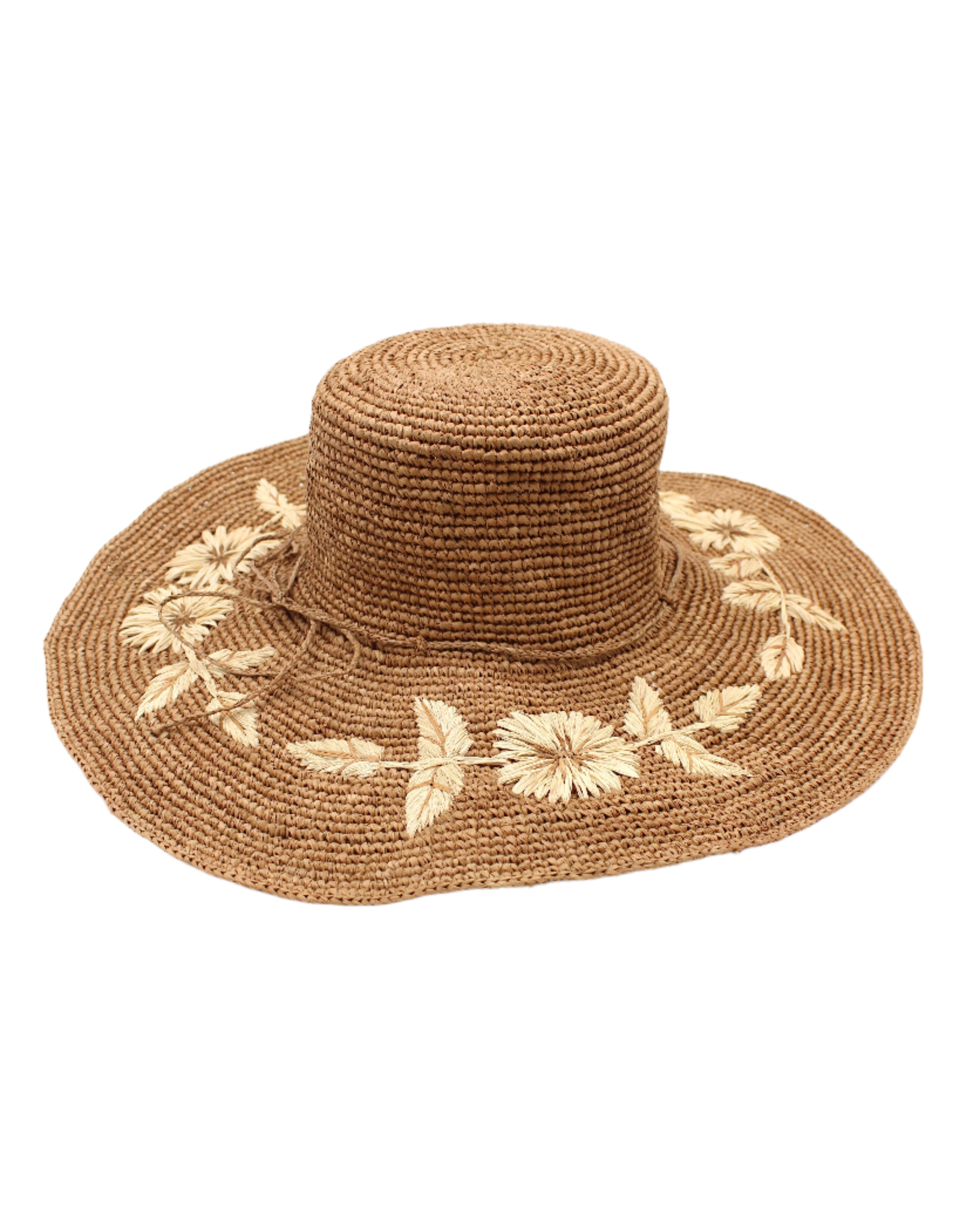 5.5" Brim Gigi Cinnamon and Natural Floral Embroidered Crochet Straw Sun Hats handmade crochet natural raffia palm fiber in a solid hue of cinnamon dark brown making a concentric pattern from the center top of the flattened crown spiraling out to the edge of the brim with matching adjustable raffia braid hat band and natural straw color floral pattern with leaves embroidered on the brim - Shebobo