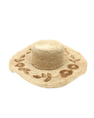 5.5" Brim Gigi Natural and Cinnamon Floral Embroidered Crochet Straw Sun Hats handmade crochet natural raffia palm fiber in a solid hue of natural straw color making a concentric pattern from the center top of the flattened crown spiraling out to the edge of the brim with matching adjustable raffia braid hat band and cinnamon dark brown floral pattern with leaves embroidered on the brim - Shebobo