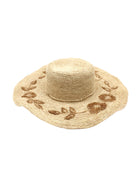 5.5" Brim Gigi Natural and Cinnamon Floral Embroidered Crochet Straw Sun Hats handmade crochet natural raffia palm fiber in a solid hue of natural straw color making a concentric pattern from the center top of the flattened crown spiraling out to the edge of the brim with matching adjustable raffia braid hat band and cinnamon dark brown floral pattern with leaves embroidered on the brim - Shebobo