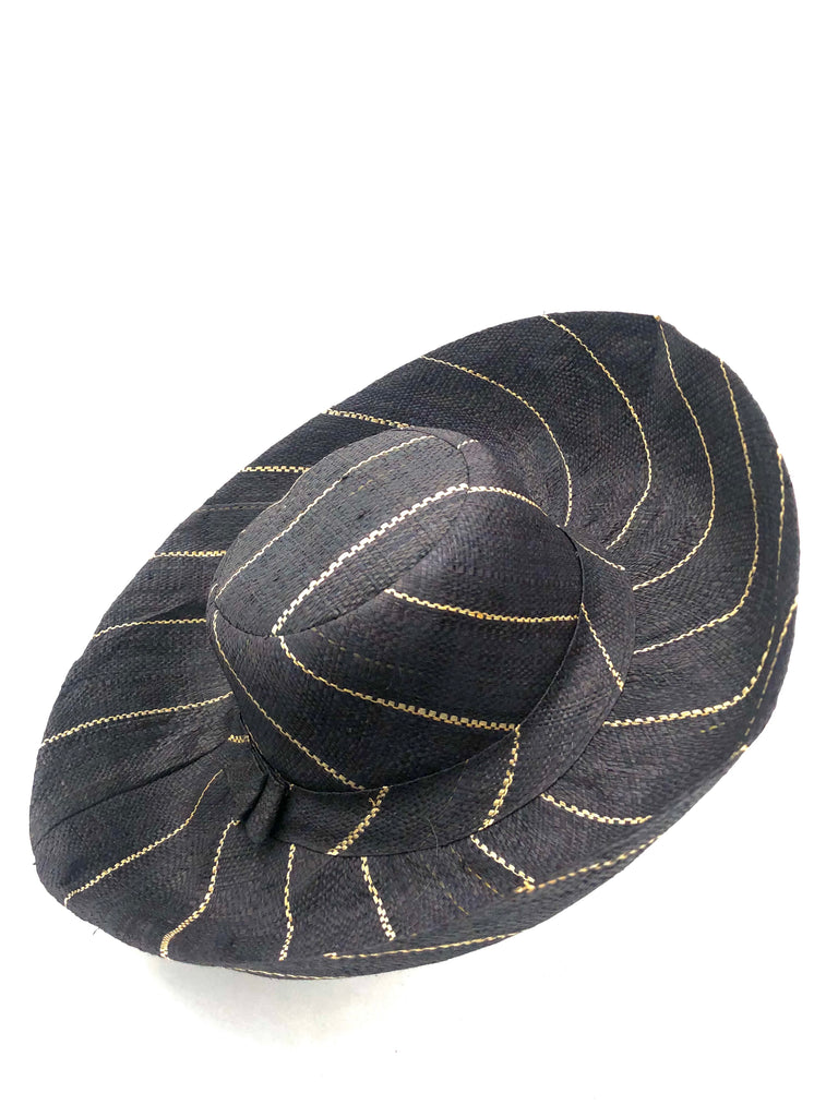 5" or 7" Wide Brim Black Pinstripes Packable Straw Sun Hat handmade loomed raffia in wide bands of black with narrow bands of natural straw color create a striped swirl pattern - Shebobo