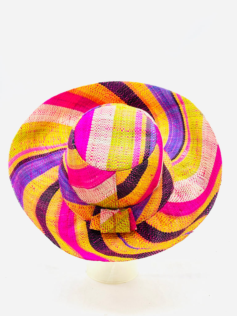 5" & 7" Wide Brim Blue Rainbow Multicolor Stripes Packable Straw Sun Hat Handmade loomed raffia multi width bands of turquoise blue, lime green, fuchsia pink, orange, yellow, purple, black, and natural straw color create a swirl pattern - Shebobo