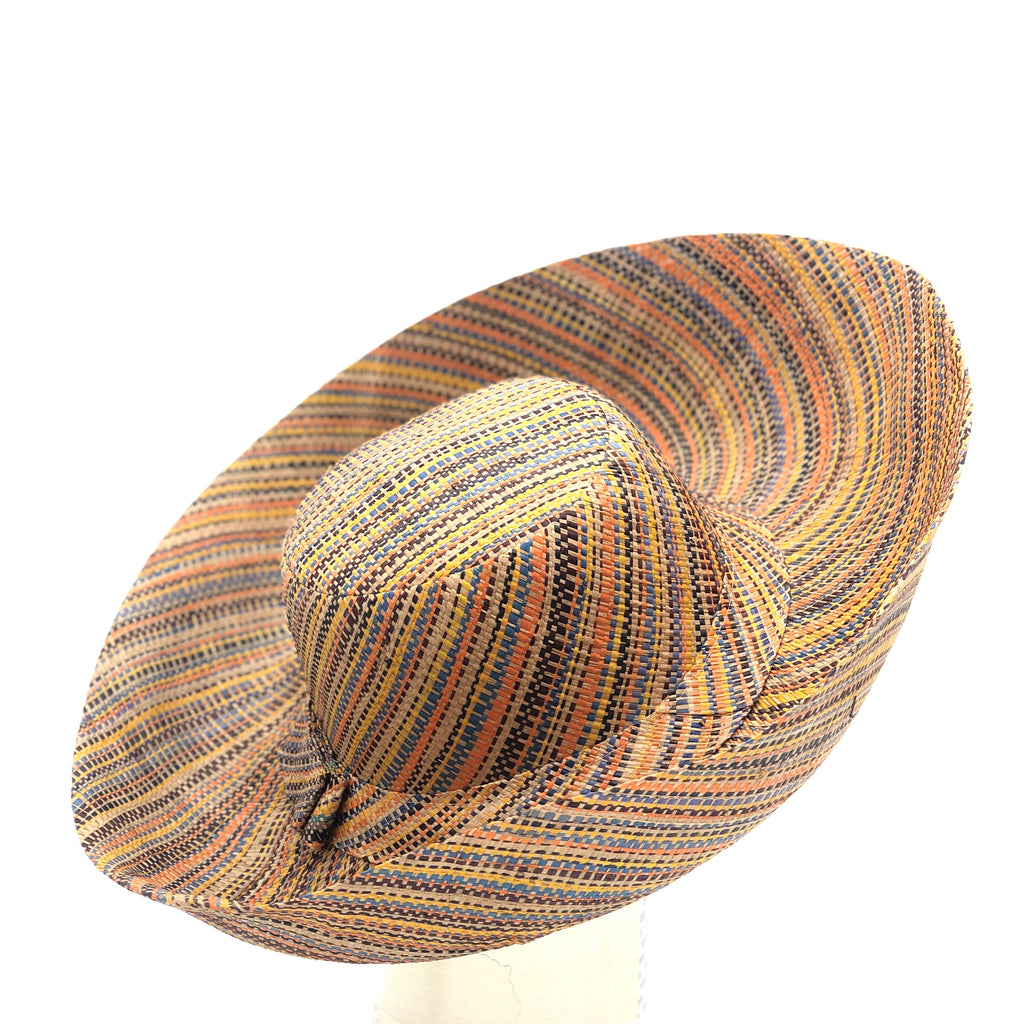 5" & 7" Wide Brim Blush Multi Melange Packable Straw Sun Hat handmade loomed raffia multicolor heathered swirl pattern of orange, blush pink, natural, blue, brown, yellow, etc. - Shebobo