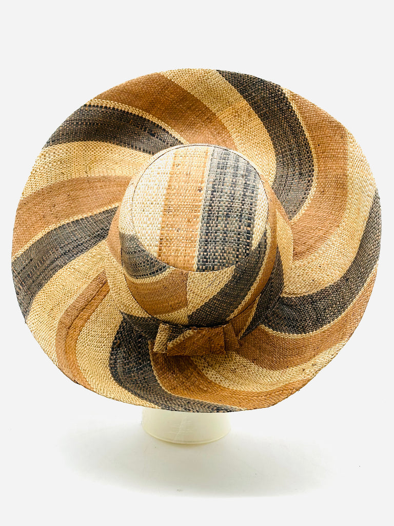 5" & 7" Wide Brim Blush Swirl Multicolor Stripes Packable Straw Sun Hat Handmade loomed raffia in multi width bands of blush orange/pink, grey, and natural create a swirl pattern - Shebobo