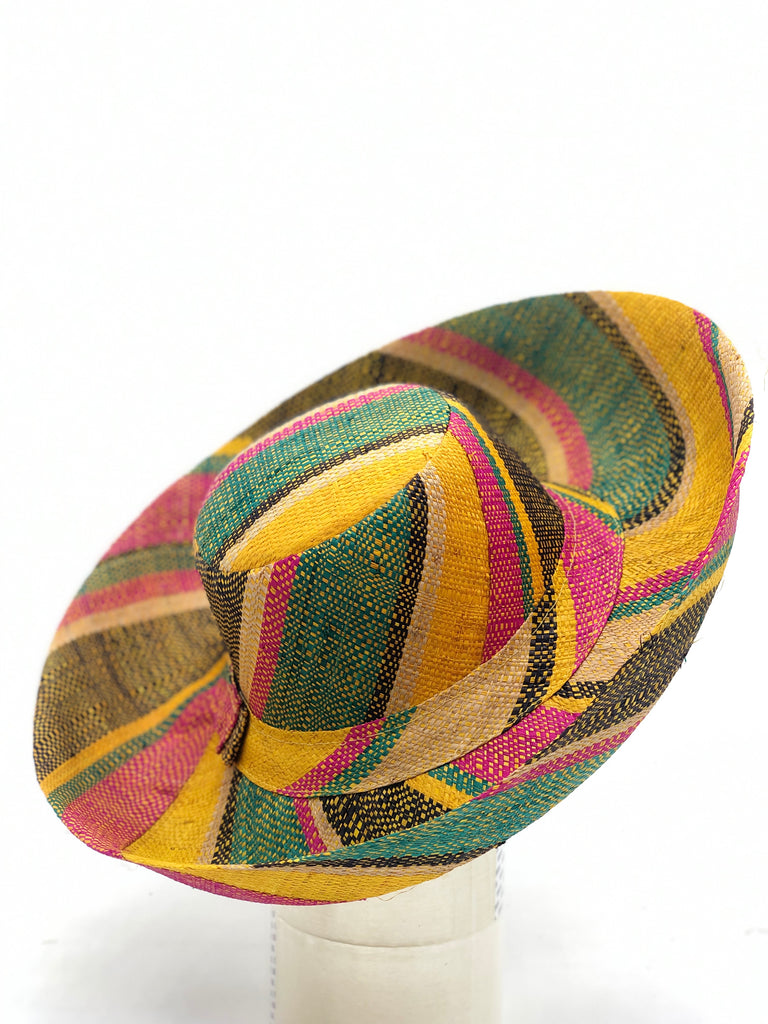 5" & 7" Wide Brim Carmalita Multicolor Stripes Packable Straw Sun Hat Handmade loomed raffia in multi width bands of saffron yellow, fuchsia pink, turquoise blue, black, and natural create a swirl pattern - Shebobo