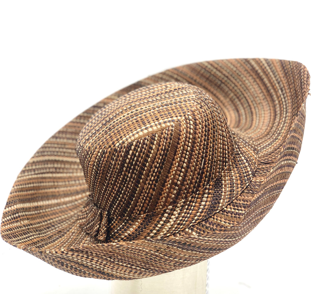 5" & 7" Wide Brim Cinnamon Multi Melange Packable Straw Sun Hat handmade loomed raffia in a heathered swirl pattern of multiple tones of natural, brown, and black - Shebobo