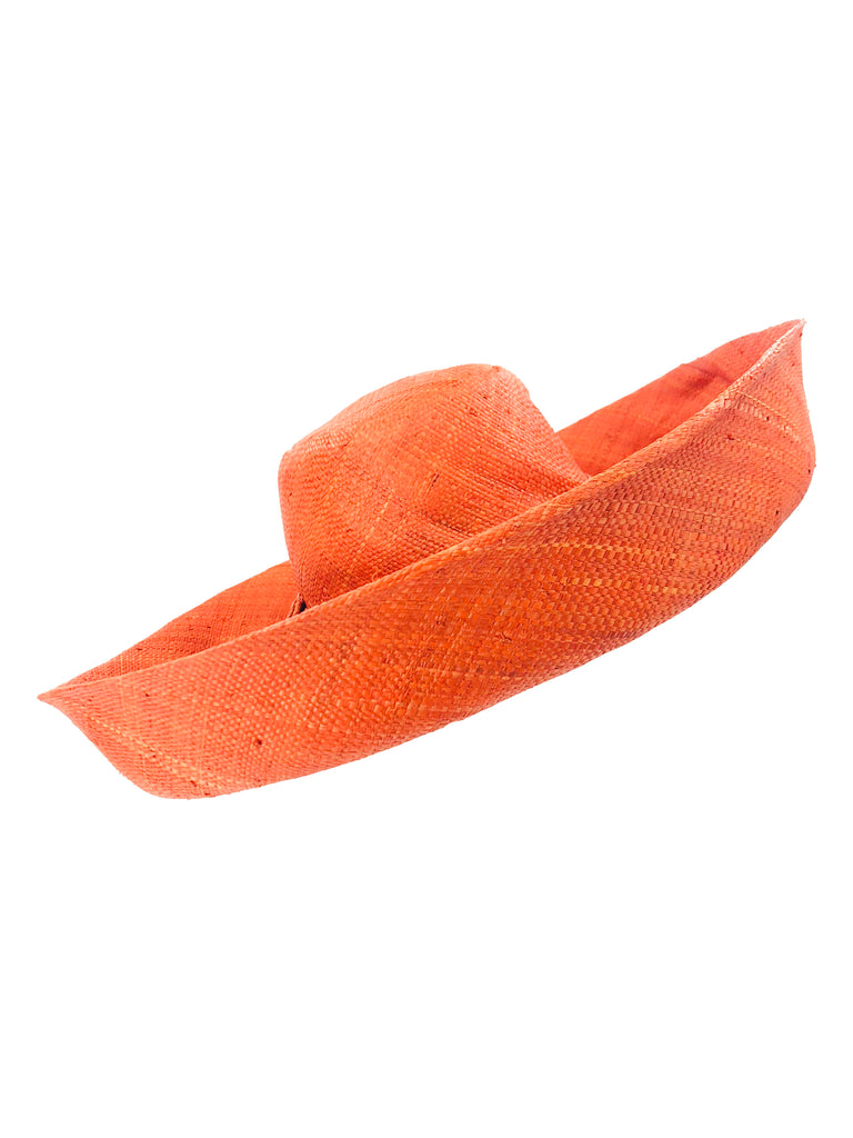 5" & 7" Wide Brim Solid Color Packable Straw Sun Hat handmade loomed raffia in a solid hue of coral orange/red  - Shebobo