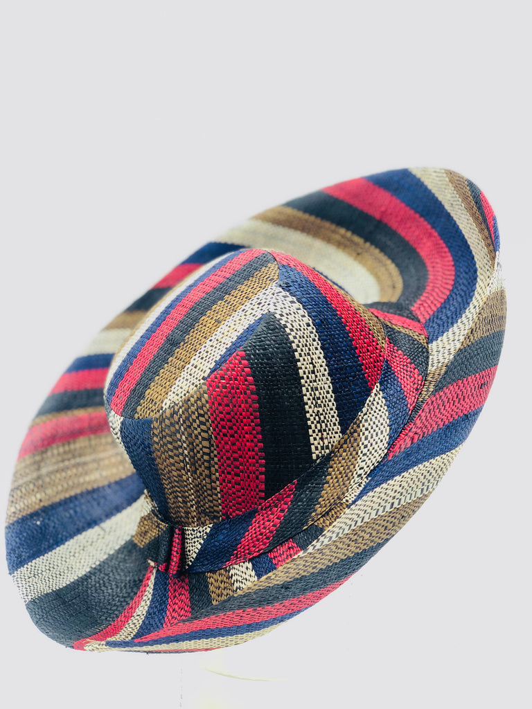 5" & 7" Wide Brim Dark & Moody Multicolor Stripes Packable Straw Sun Hat handmade loomed raffia in bands of natural, navy blue, red, black, and cinnamon/tobacco/brown stripes create a swirl pattern - Shebobo
