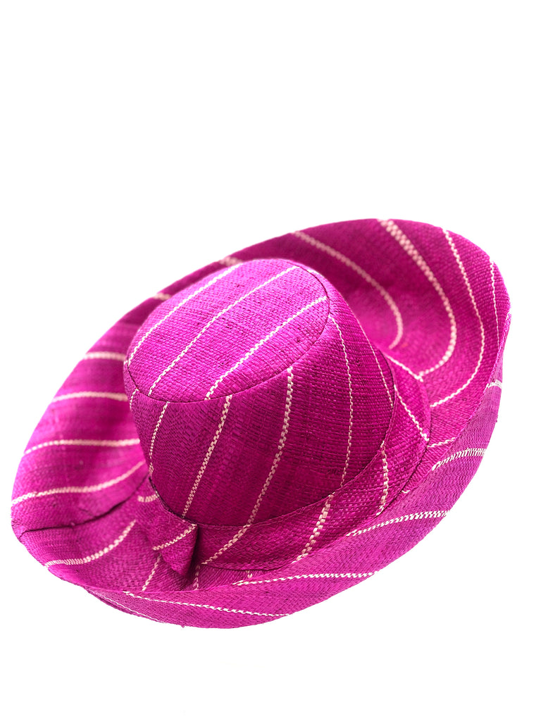 5" & 7" Wide Brim Fuchsia Pinstripes Packable Straw Sun Hat handmade loomed raffia in fuchsia pink wide stripes with narrow natural colored pinstripes running through create a swirl pattern - Shebobo