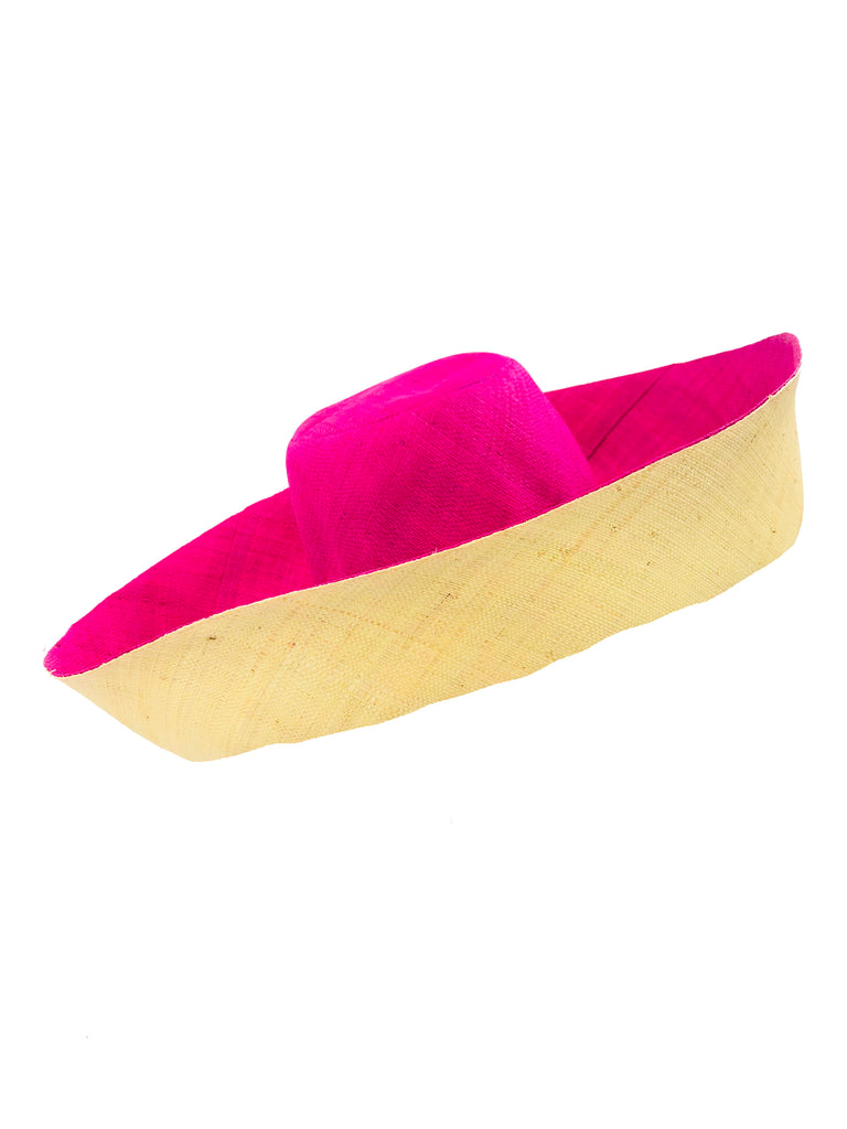 5" & 7" Brim Two Tone Fuchsia Straw Hat handmade loomed raffia color block pattern of the top half fuchsia bright/hot/barbie pink and the bottom half natural straw color - Shebobo