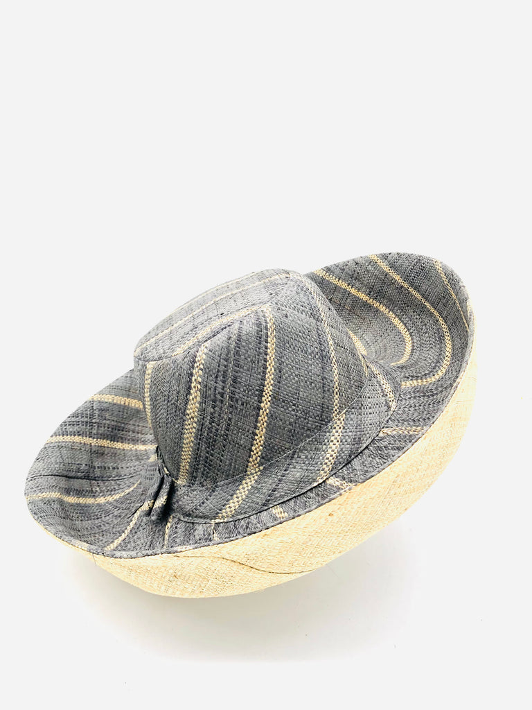5" & 7" Wide Brim Two Tone Grey Pinstripes Packable Straw Sun Hat handmade loomed raffia color block pattern with the top half wide bands of grey with narrow bands of natural straw color creating a pinstripe swirl and the bottom half natural straw color - Shebobo