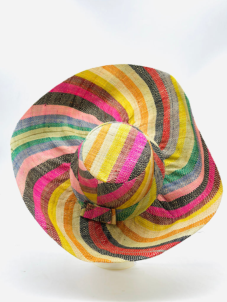 5" & 7" Wide Brim Lollipop Multicolor Stripes Packable Straw Sun Hat Handmade loomed raffia in multi width bands of saffron yellow, fuchsia pink, turquoise blue, black, grass green, seafoam blue/green, pink, yellow, orange, blue, red, etc.and natural create a swirl pattern - Shebobo