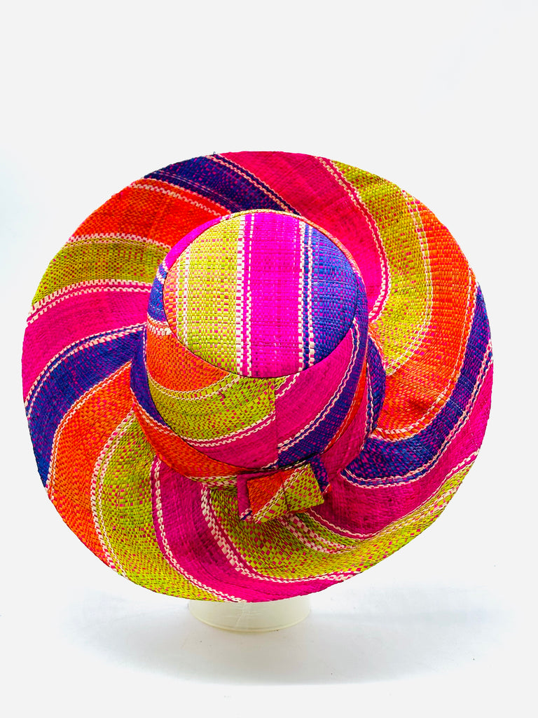 5" & 7" Wide Brim Midori Swirl Multicolor Stripes Packable Straw Sun Hat Handmade loomed raffia in multi width bands of orange, lime green, fuchsia pink, purple, etc. create a swirl pattern - Shebobo